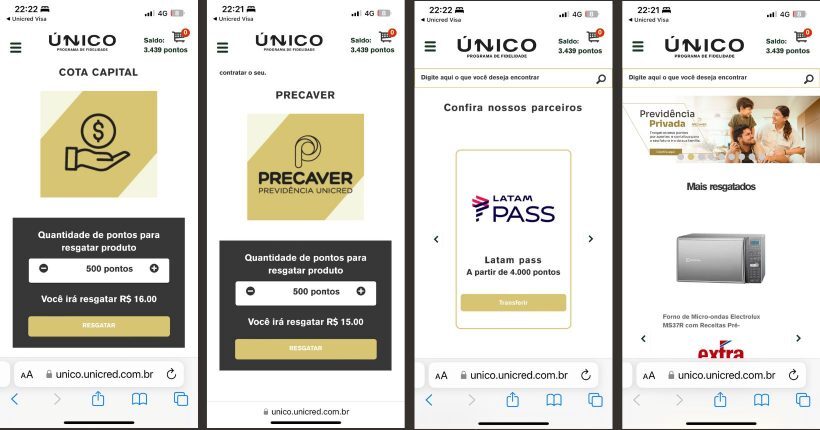 Telas do site do programa Unico, fidelidade dos cartões Unicred Visa Infinite