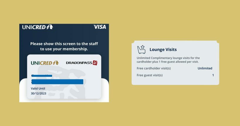 Telas do Visa Airport Companaion / Dragon Pass com acessos ilimitados e com convidado através do Unicred Visa Infinite